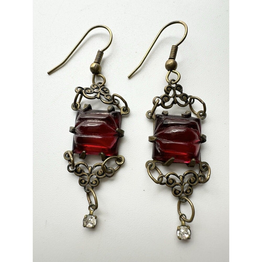Vintage Czech Glass Brass Dangle Earrings